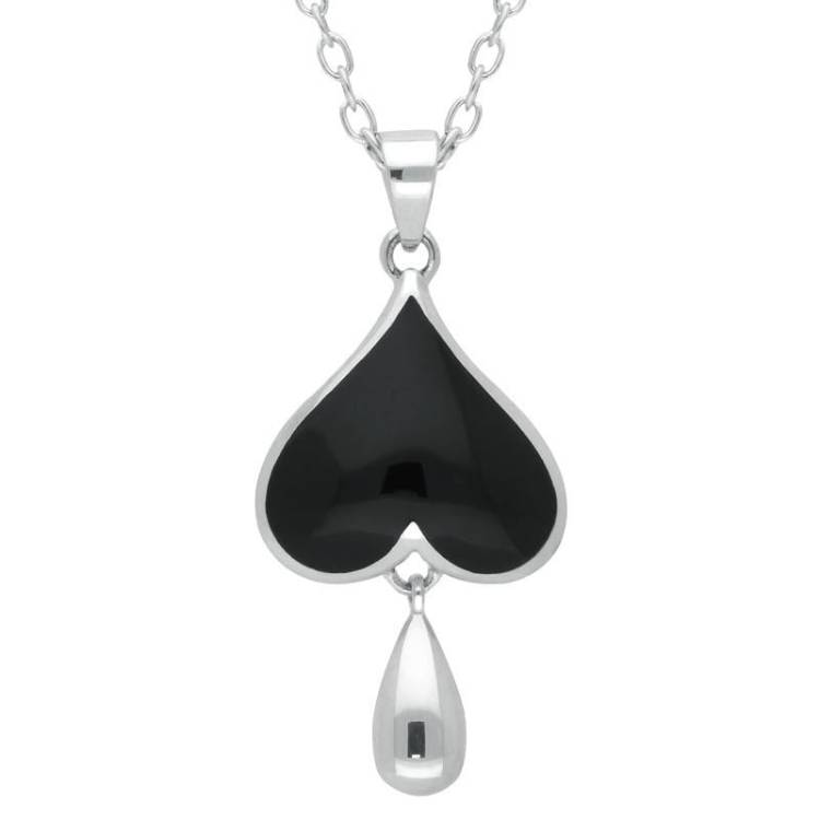 Sterling Silver Whitby Jet Inverted Heart Teardrop Necklace - Option1 Value Silver