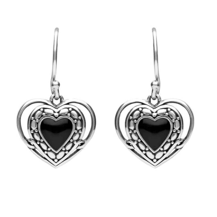 Sterling Silver Whitby Jet Heart in Heart Drop Hook Earrings - Option1 Value Silver