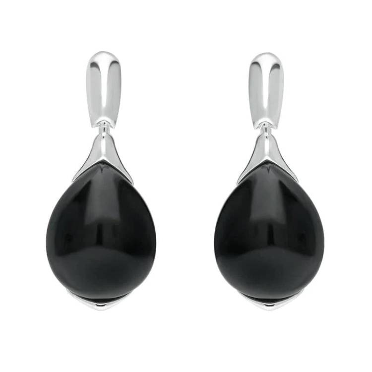 Sterling Silver Whitby Jet Hinge Top Pear Drop Earrings