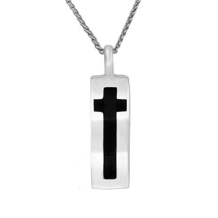 Sterling Silver Whitby Jet Inlaid Cross Wavy Oblong Necklace D - Silver