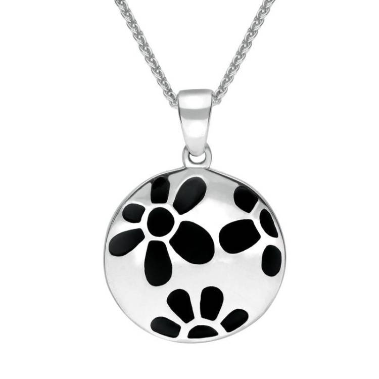 Sterling Silver Whitby Jet Inlaid Flower Necklace - Silver