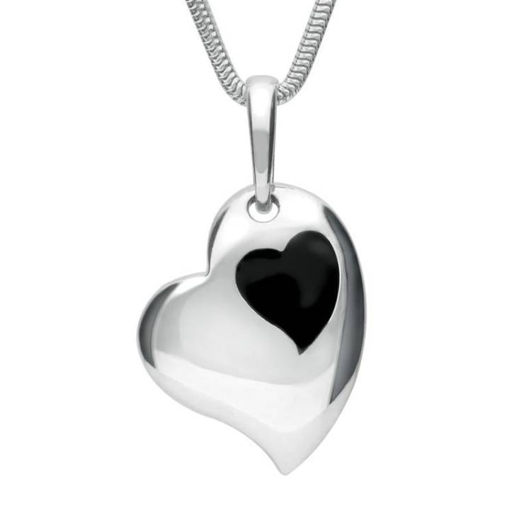 Sterling Silver Whitby Jet Inlaid Heart Necklace - Silver