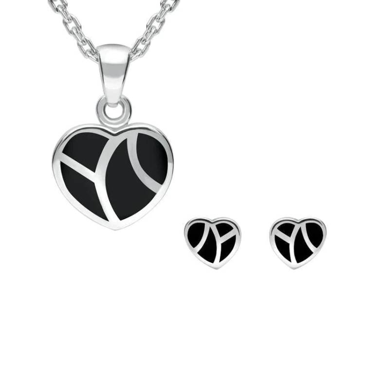 Sterling Silver Whitby Jet Inlaid Heart Two Piece Set