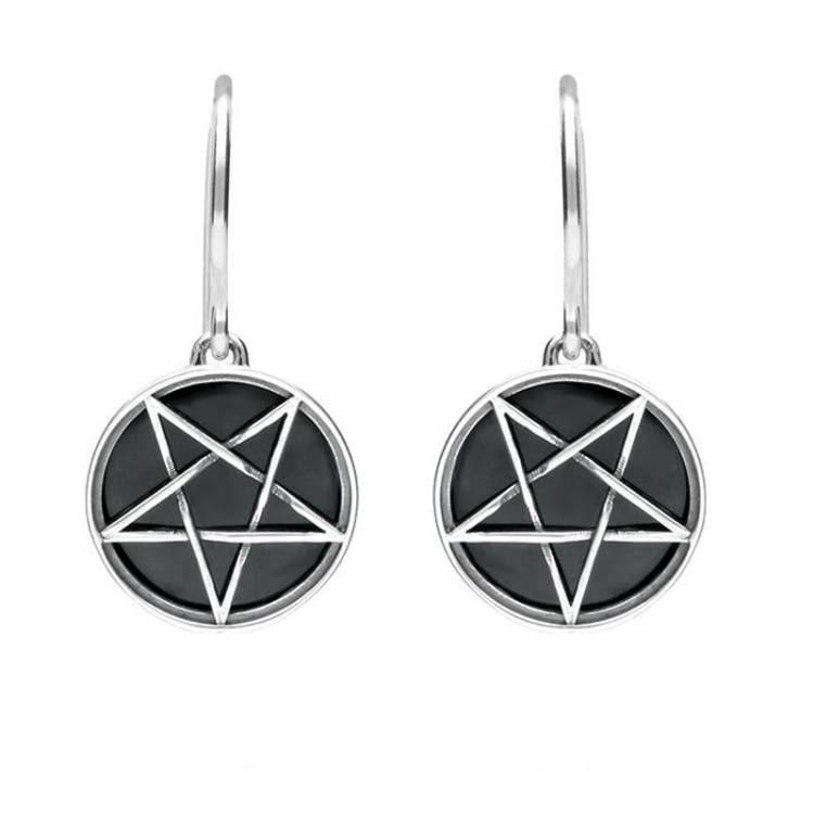 Sterling Silver Whitby Jet Inverse Pentagram Drop Earrings - Silver