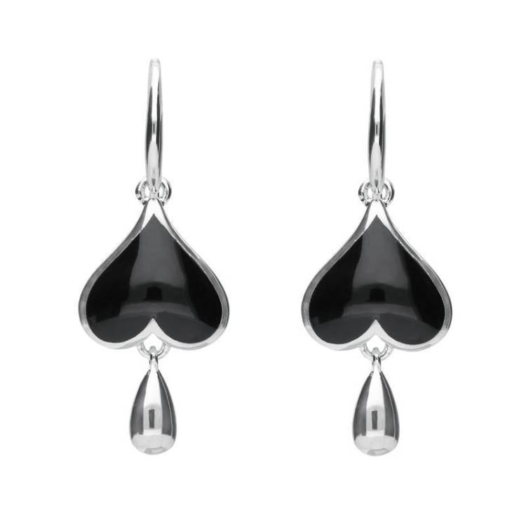 Sterling Silver Whitby Jet Inverted Heart Teardrop Hook Earrings - Option1 Value Silver