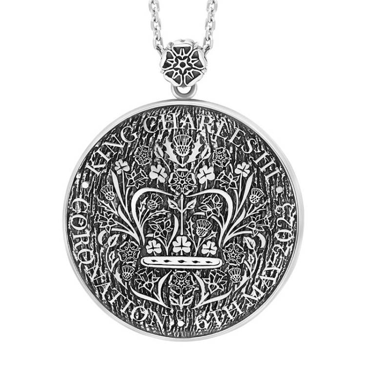 Sterling Silver Whitby Jet King's Coronation Hallmark Large Round Crown Emblem Necklace