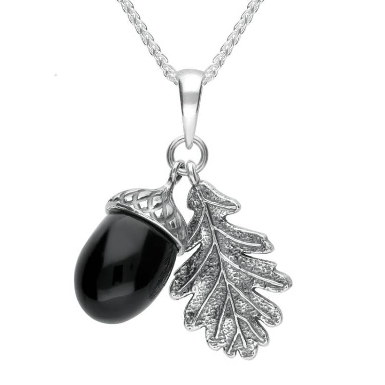 Sterling Silver Whitby Jet Large Acorn and Leaf Necklace - Silver