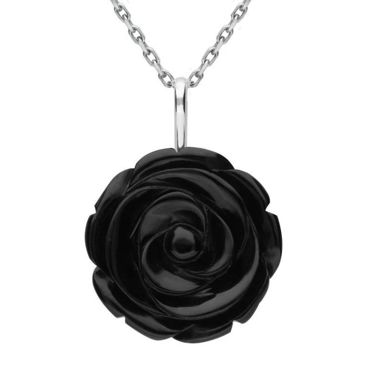 Sterling Silver Whitby Jet Tuberose 25mm Rose Necklace