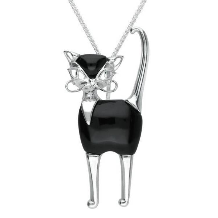 Sterling Silver Whitby Jet Large Cat Necklace