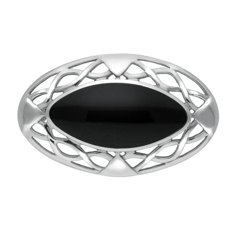 Sterling Silver Whitby Jet Large Celtic Framed Brooch - Silver