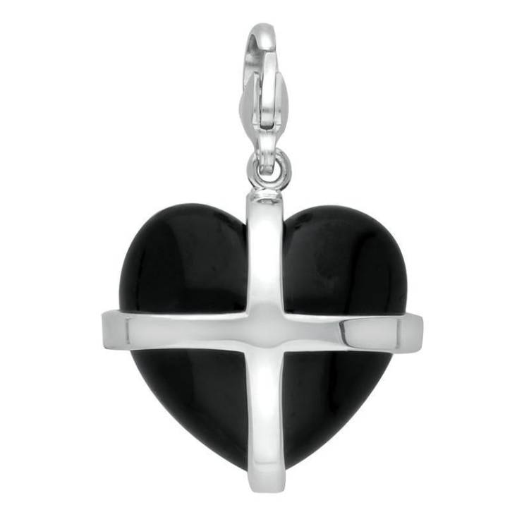 Sterling Silver Whitby Jet Large Cross Heart Charm - Option1 Value Silver