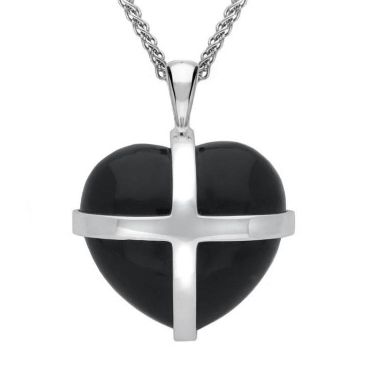 Sterling Silver Whitby Jet Large Cross Heart Necklace - Silver