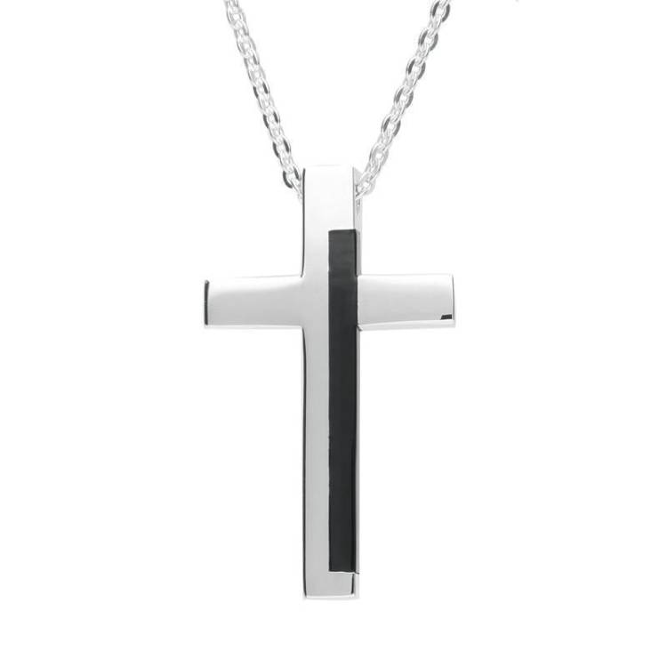 Sterling Silver Whitby Jet Large Cross Necklace - Option1 Value Silver