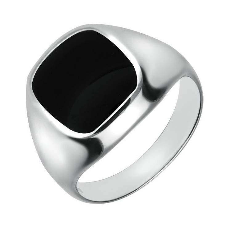 Sterling Silver Whitby Jet Large Cushion Signet Ring - Silver