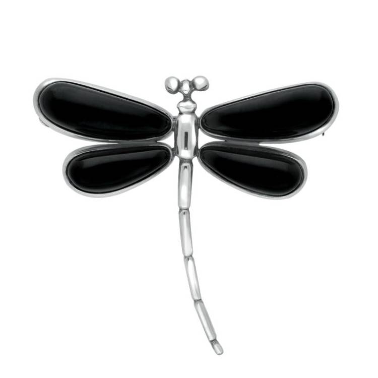 Sterling Silver Whitby Jet Large Dragonfly Brooch - Silver