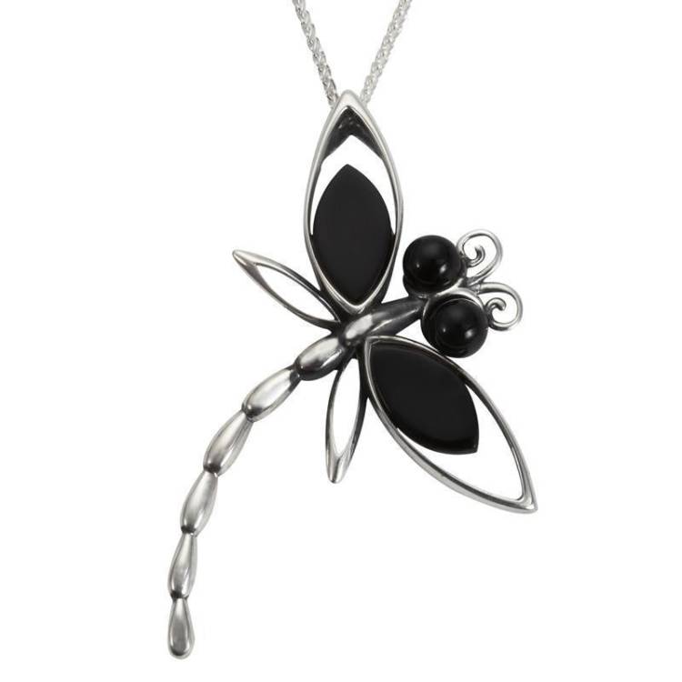 Sterling Silver Whitby Jet Large Dragonfly Necklace - Silver