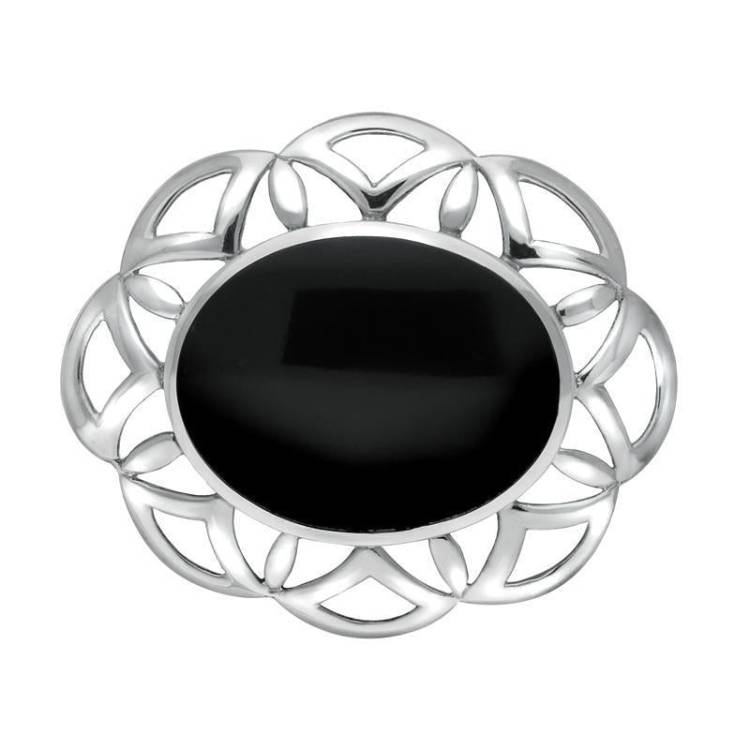 Sterling Silver Whitby Jet Large Flower Brooch - Silver