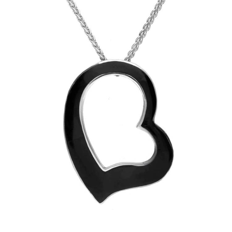Sterling Silver Whitby Jet Large Open Heart Necklace D - Silver