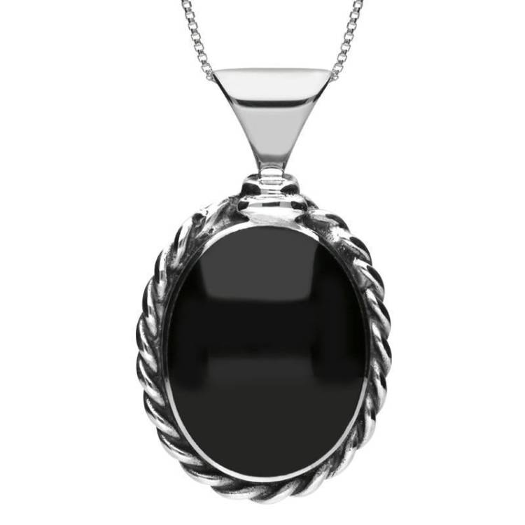 Sterling Silver Whitby Jet Large Oval Rope Edge Necklace - Option1 Value Silver