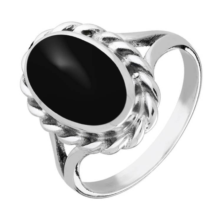 Sterling Silver Whitby Jet Large Oval Rope Edge Ring - Silver