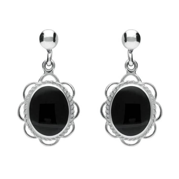 Sterling Silver Whitby Jet Large Oval Rope Frill Drop Earrings - Silver