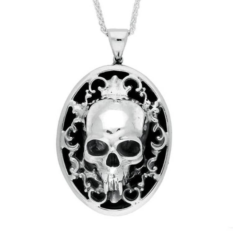 Sterling Silver Whitby Jet Large Oval Skull Necklace - Silver