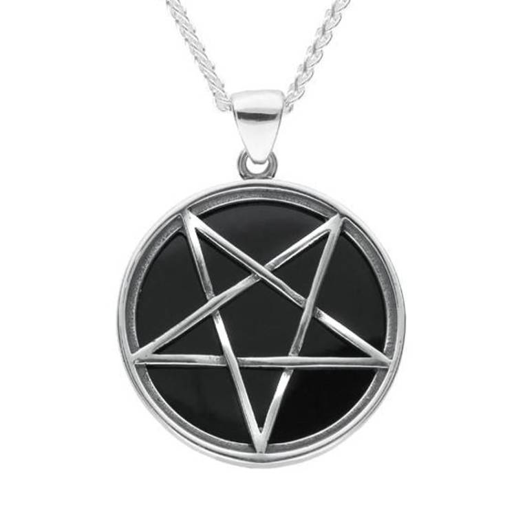 Sterling Silver Whitby Jet Large Pentagram Necklace - Silver