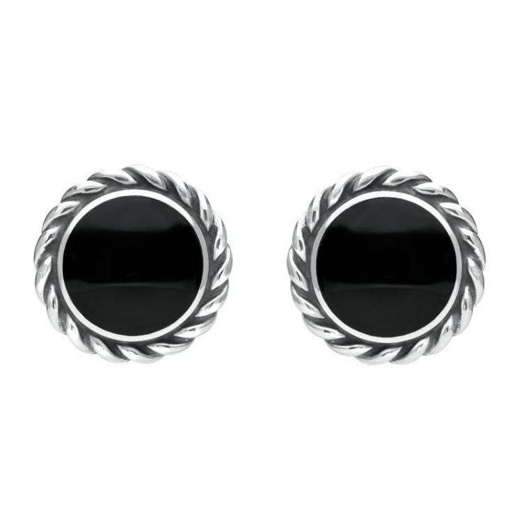 Sterling Silver Whitby Jet Large Rope Edge Round Stud Earrings - Silver