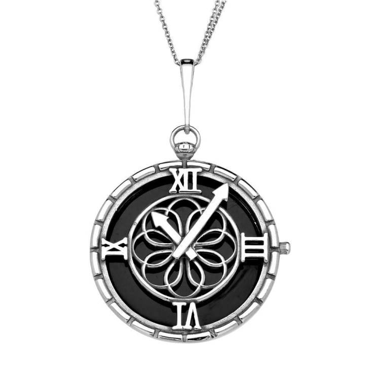 Sterling Silver Whitby Jet Large Round Clock Necklace - Silver