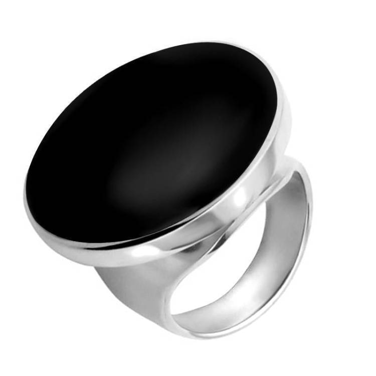 Sterling Silver Whitby Jet Large Round Ring - Silver