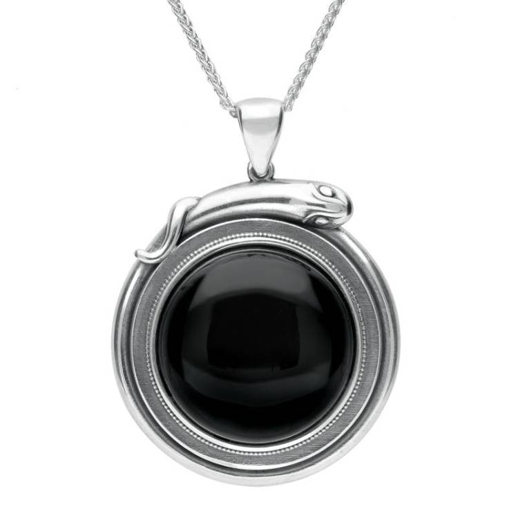 Sterling Silver Whitby Jet Large Round Snake Edge Necklace - Silver