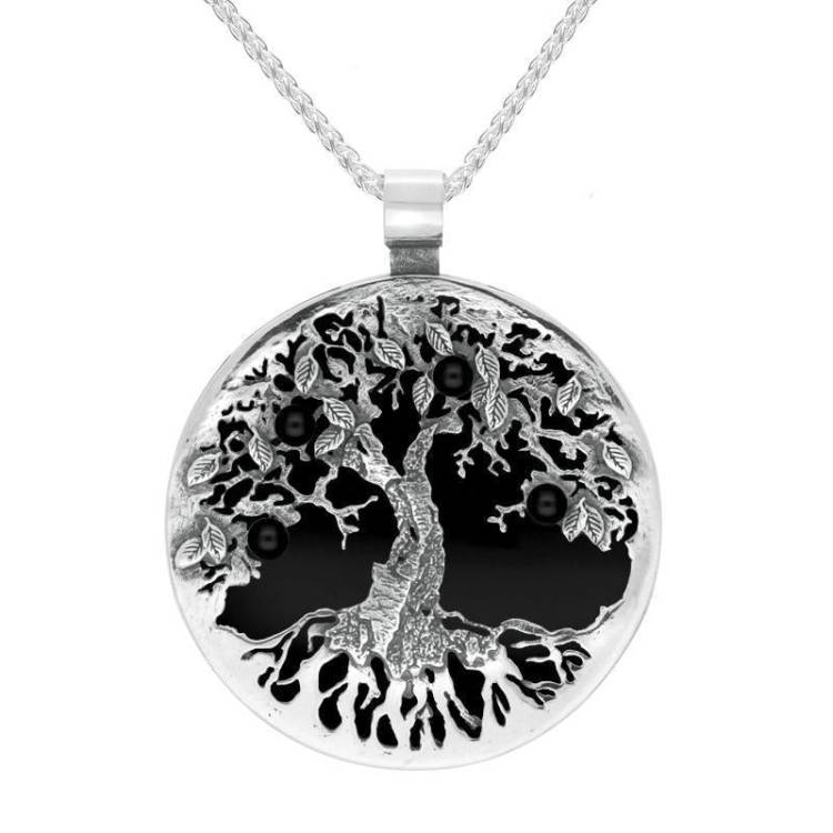 Sterling Silver Whitby Jet Large Round Tree Of Life Necklace