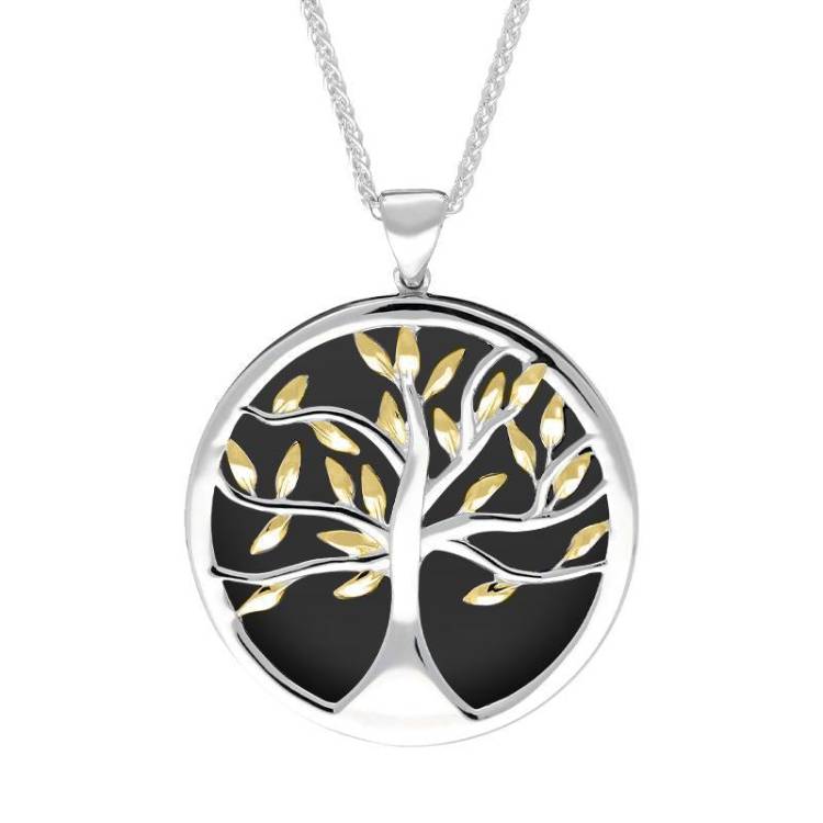 Sterling Silver Yellow Gold Plated Whitby Jet Large Round Tree of Life Necklace