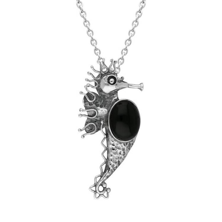 Sterling Silver Whitby Jet Large Seahorse Necklace D - Silver