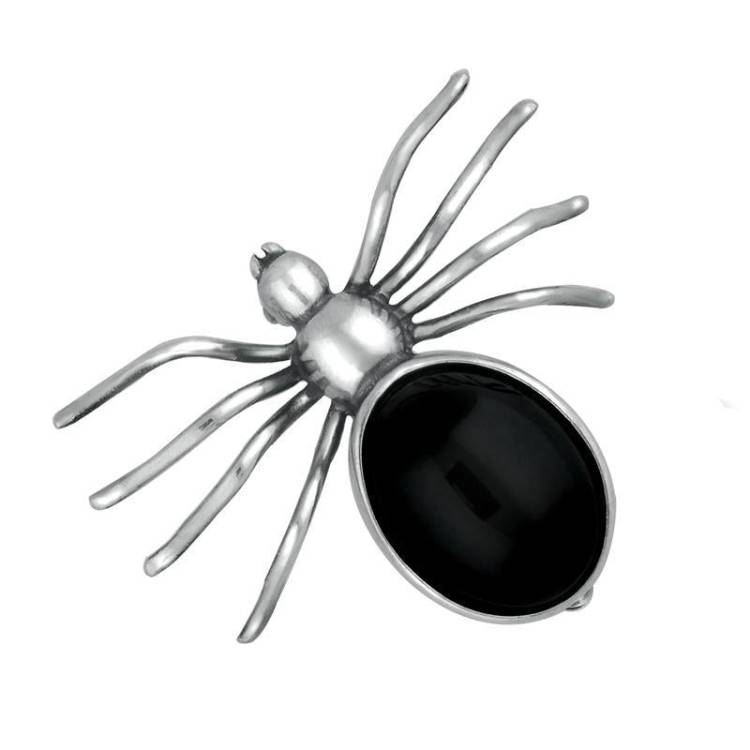 Sterling Silver Whitby Jet Large Spider Brooch - Option1 Value Silver