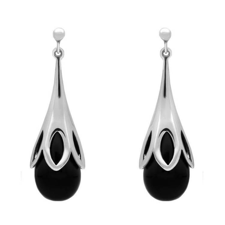 Sterling Silver Whitby Jet Large Tulip Drop Earrings - Silver