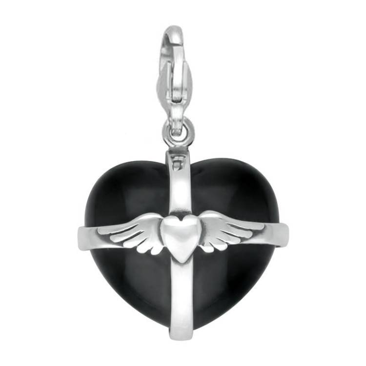 Sterling Silver Whitby Jet Large Winged Cross Heart Charm - Silver