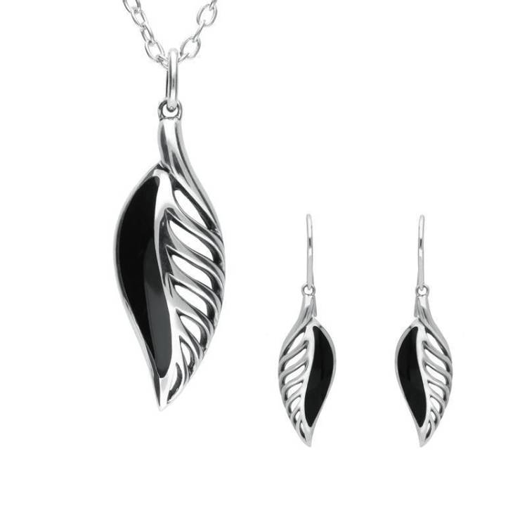 Sterling Silver Whitby Jet Leaf Drop Two Piece Set