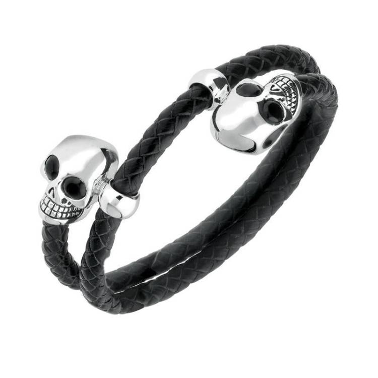 Sterling Silver Whitby Jet Leather Skull Bracelet - Option1 Value Silver