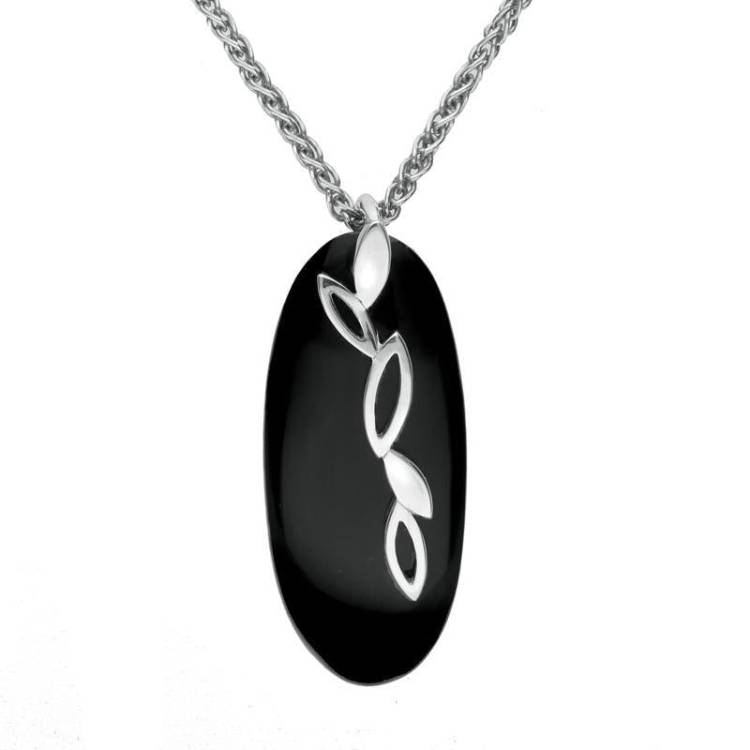 Sterling Silver Whitby Jet Long Drop Oval Necklace - Silver