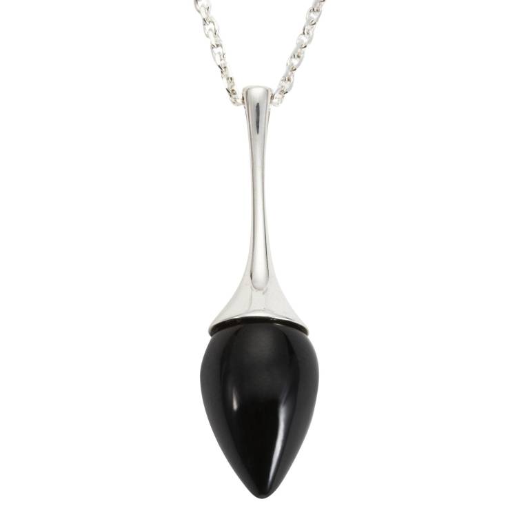 Sterling Silver Whitby Jet Long Flute Pear Stone Necklace - Silver