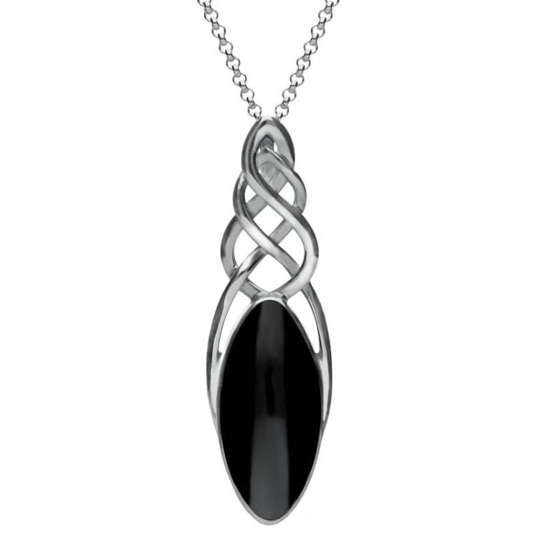 Sterling Silver Whitby Jet Long Marquise Celtic Necklace - Option1 Value Silver