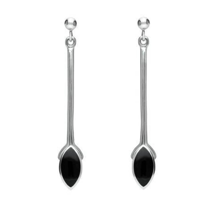 Sterling Silver Whitby Jet Long Marquise Drop Earrings - Silver