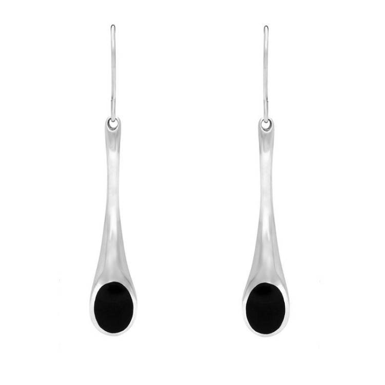 Sterling Silver Whitby Jet Long Tapered Drop Hook Earrings - Silver