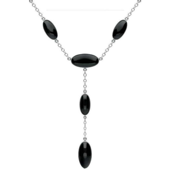 Sterling Silver Whitby Jet Long Oval Dropper Necklace - Silver