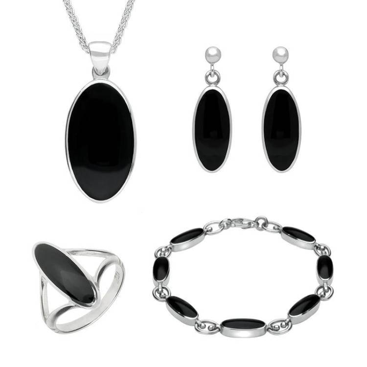 Sterling Silver Whitby Jet Long Oval Four Piece Set