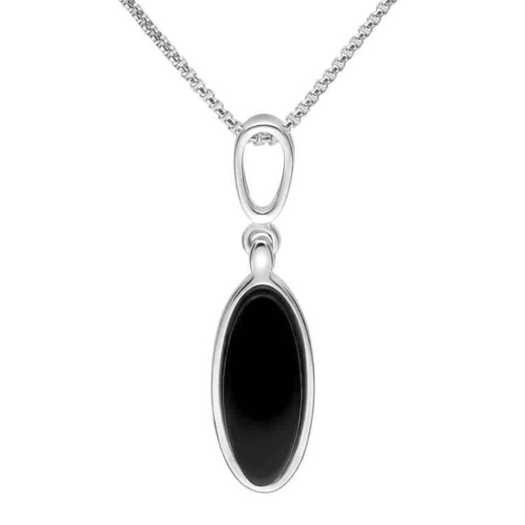 Sterling Silver Whitby Jet Long Oval Necklace - Silver