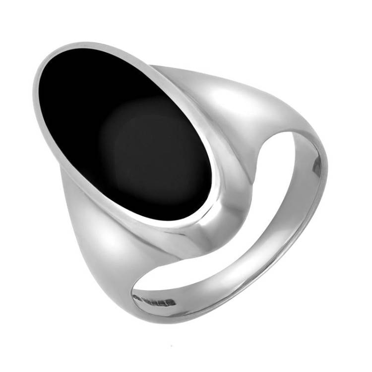 Sterling Silver Whitby Jet Long Oval Ring - Option1 Value Silver