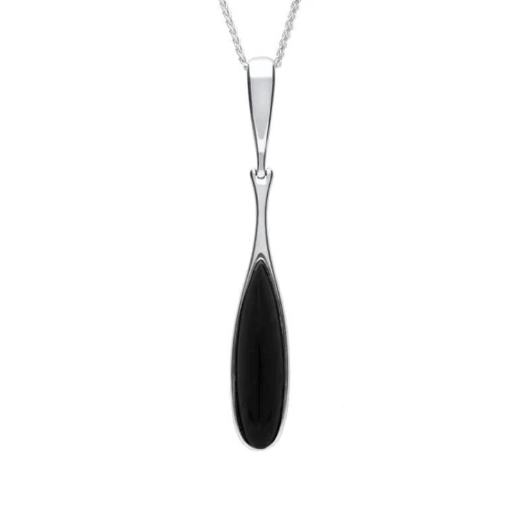 Sterling Silver Whitby Jet Long Slim Pear Drop Necklace - Option1 Value Silver