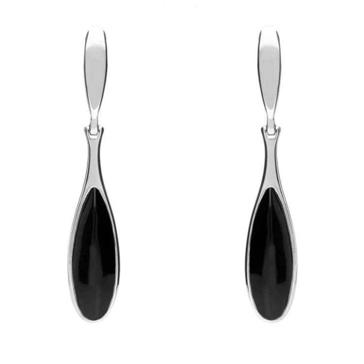 Sterling Silver Whitby Jet Long Slim Pear Drop Stud Earrings - Silver